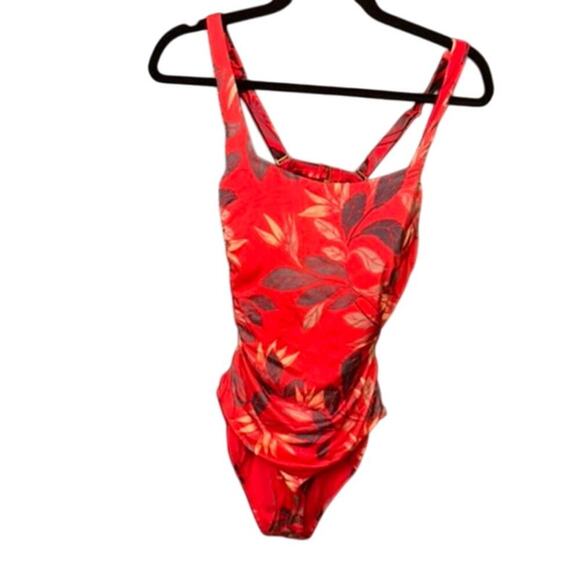 Athleta Aqualuxe Paradaiso Leaf Print One Piece Swimsuit Radiant Red Sz M - Picture 1 of 3